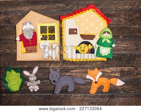 Felt Toys Story Fairy Tale. Handmade Felt Toys Over Wooden Rustic Background.