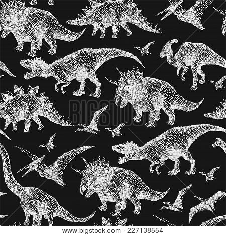 Graphic Collection Of Dinosaurs Drawn In Stippling Technique. Vector Seamless Pattern