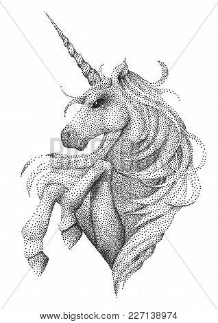 Cute Graphic Unicorn Drawn In Stippling Technique Vector Fantasy Art