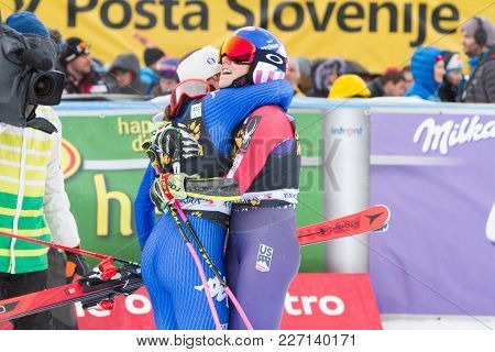 Mikaela Shiffin, Sofia Goggia Hug At Fis Ski World Cup Giant Slalom Ceremony In Kranjska Gora On The