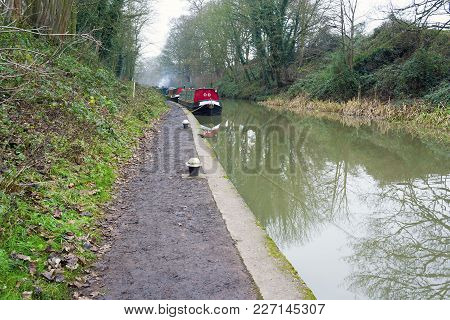 Canal With Barges Moored On A Winter Day In Hatton Near To Warwick