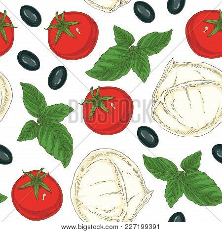Seamless Pattern With Buffalo Mozzarella, Tomatoes. Black Olives And Green Basil On A White Backgrou