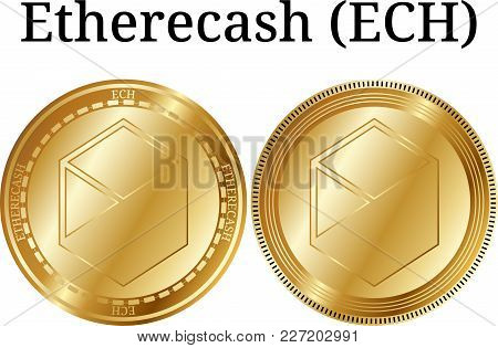 Set Of Physical Golden Coin Etherecash (ech), Digital Cryptocurrency. Etherecash (ech) Icon Set. Vec