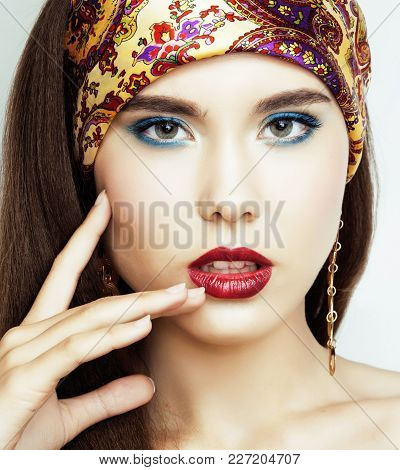 Young Pretty Modern Girl With Bright Shawl On Head Emotional Posing Isolated On White Background, As