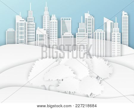 White Paper Skyscrapers And Trees. Achitectural Building In Panoramic View. Modern City Skyline Buil