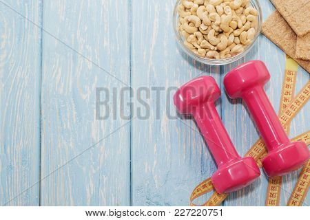 The Concept Of A Healthy Diet. Small Dumbbells, Healthy Lifestyle. Sport. Fitness Food.