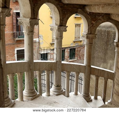 Venice, Italy. Bovolo Staircase Or Scala Contarini Del Bovolo, Is The Tallest Spiral Staircase Of Ve