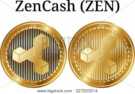 Set Of Physical Golden Coin Zencash (zen), Digital Cryptocurrency. Zencash (zen) Icon Set. Vector Il