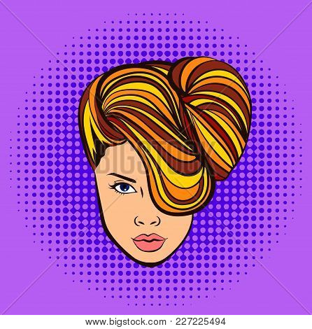 Beautiful Woman Face In Cartoon Pop Art Style, Vector Hairstyle Promo Banner