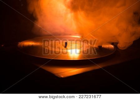 Turntable Vinyl Record Player. Retro Audio Equipment For Disc Jockey. Sound Technology For Dj To Mix