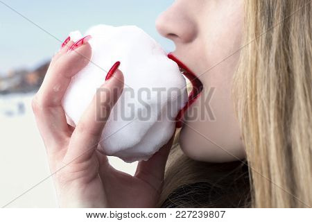 Beautiful Girl Bites Snow Bright Red Lipstick Nails Winter