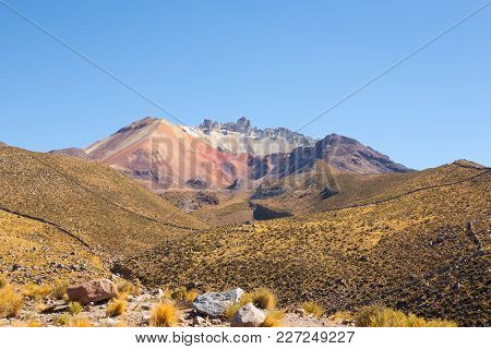 Tunupa Volcano From Chatahuana Viewpoint. Salar De Uyuni, Bolivia.bolivian Landscape