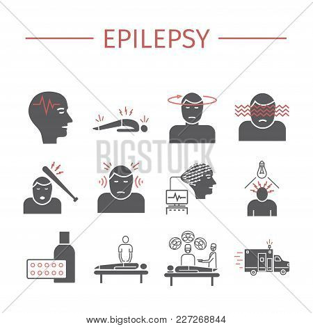 Epilepsy. Symptoms, Treatment. Flat Icons Set. Vector Signs For Web Graphics