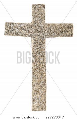 White Background. Stone Concrete Christian Cross Isolated.
