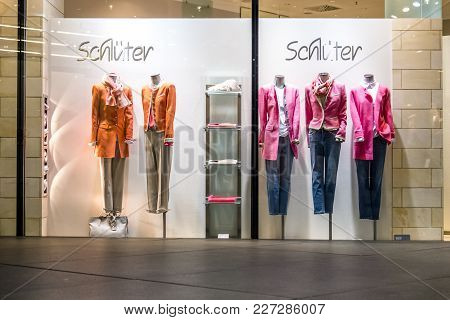 Munich, Germany - February 15 2018: Typical German Shopwindow In The Shopping Mall Called Fuenf Hoef