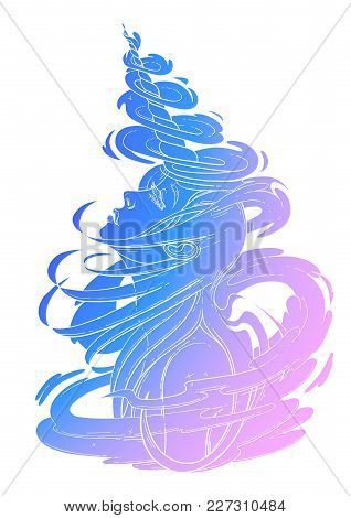 Graphic Unicorn Girl With Long Hairs Surrounded By Magic. Vector Fantasy Art