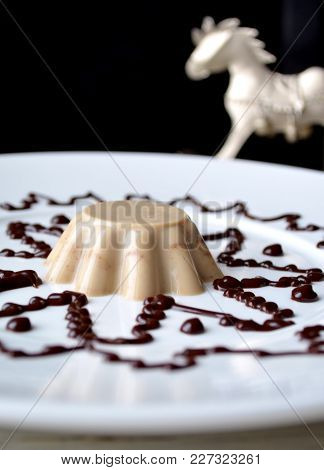 Coffee Blancmange With Chocolate Sauce On White Plate
