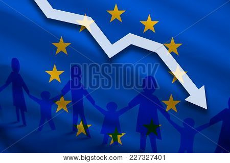 European Union Flag Background Of The Arrow Chart Down. Decrease In The Number Of The Country's Rape