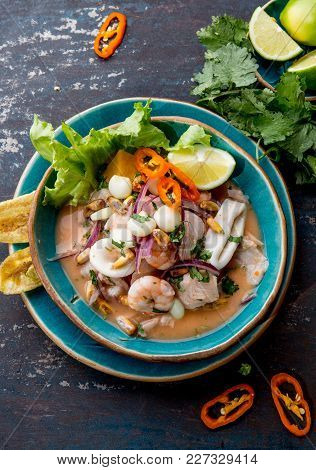 Peruvian Ceviche Sebiche. Peruvian Seafood And Fish Sebiche With Maize.