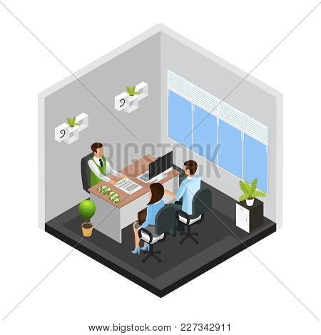 Isometric Credit Issue Template With Customers Talking With Manager About Getting Loan From Bank Iso