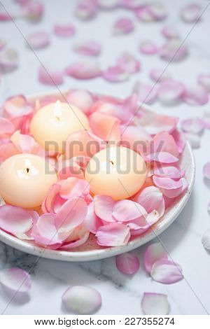 Beautiful Pink Roses And Candles For Spa Background