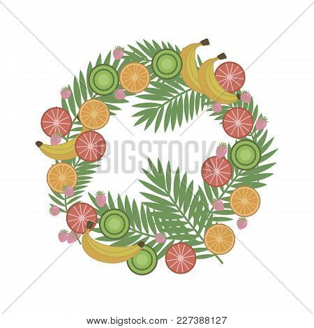 Bright Colour Wreath Of Tropical Fruits And Berries With Palm Branches On A White Background