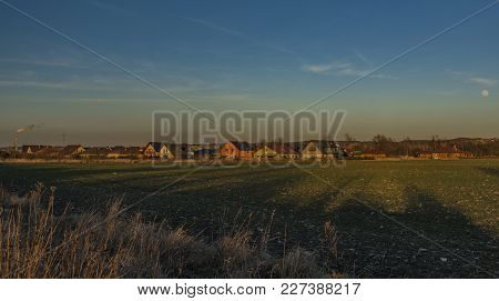Sunset Near Ceske Budejovice City In Winter Evening