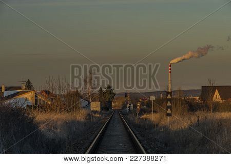 Sunset Near Ceske Budejovice City In Winter Evening With Railway