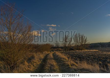 Sunset Near Ceske Budejovice City In Winter Evening
