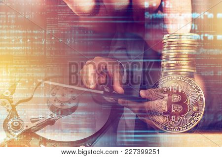 Businessman And Bitcoin Cryptocurrency, Blockchain Technology And Decentralized Monetary System Conc
