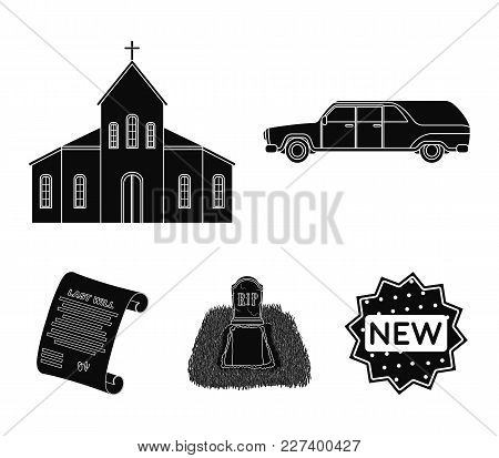 Black Cadillac To Transport The Grave Of The Deceased, A Church For A Funeral Ceremony, A Grave With