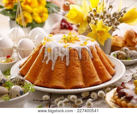 Easter Yeast Cake With Icing And Candied Orange Peel, Delicious Easter Dessert, Traditional Easter P