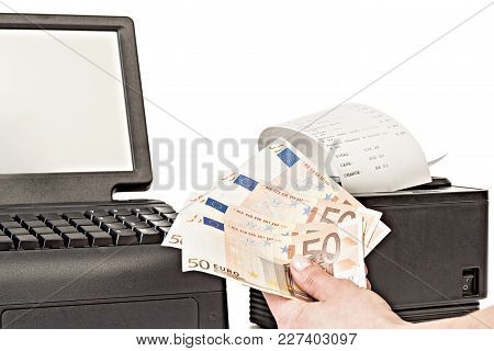 Payment For Purchases In The Store By Cash. Close Up. Rackmount Lcd Touchscreen Monitor And Receipt 
