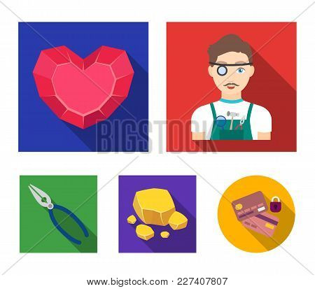 Jeweler, Pliers, Gold Ore, Garnet In The Form Of Heart. Precious Minerals And Jeweler Set Collection