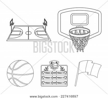 Shield With A Basket, A Playground, A Table Of Commands, A Basketball Ball. Basketball Set Collectio