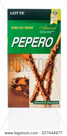 Winneconne, Wi - 2 January 2018: A Box Of Korean Pepero Made By Lotte In Almond And Chocolate Flavor