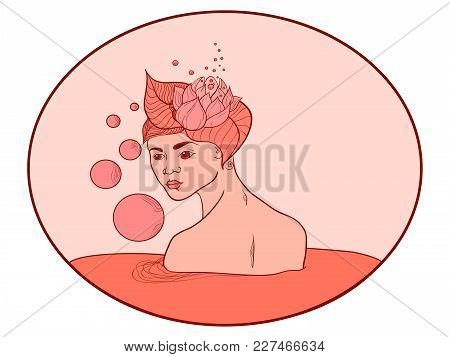 Fantastic Girl With A Lotus On Her Head. Red Line Art. Around The Girl Water And Bubbles. The Image 