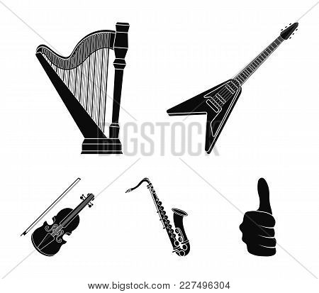 Electric Guitar, Loudspeaker, Harp, Saxophone, Violin.music Instruments Set Collection Icons In Blac
