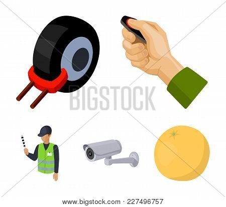 Car Alarm, Wheel Rim, Security Camera, Parking Assistant. Parking Zone Set Collection Icons In Carto