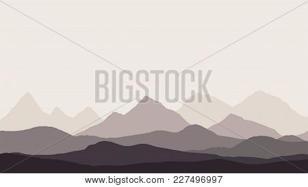 Panoramic View Of The Mountain Landscape With Fog In The Valley Below With The Alpenglow Grey Sky - 