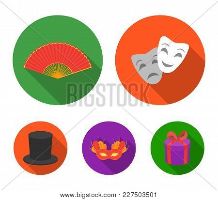 Theatrical Mask, Cylinder, Fan, Mask On The Eyes. Theater Set Collection Icons In Flat Style Vector 