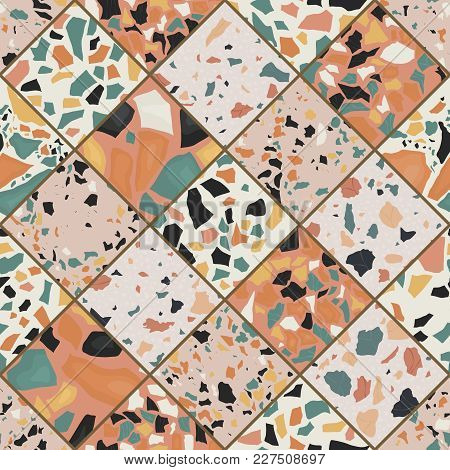 Seamless Terrazzo Pattern. Hand Crafted And Unique Vector Pattern Repeating Background. Granite Text
