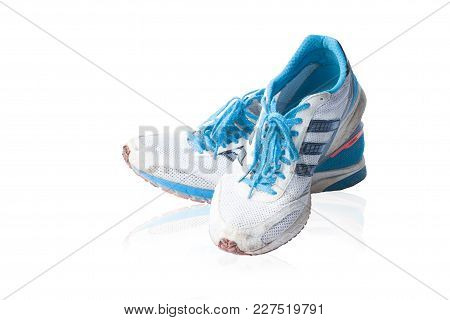 Rayong Thailand, February 20,2018 : Used Running Shoe Adidas Adios Adizero Blue Color.