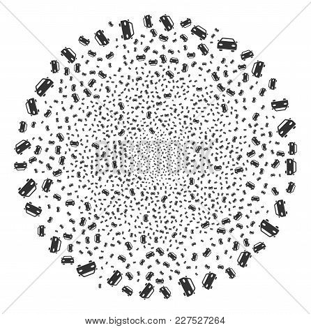Car Fireworks Circle. Object Pattern Constructed From Random Car Symbols As Burst Spheric Cluster. V
