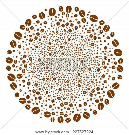 Coffee Bean Burst Circle. Object Pattern Organized From Scattered Coffee Bean Pictographs As Explodi
