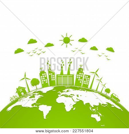 Ecology Concept With Green City On Earth, World Environment And Sustainable Development Concept, Vec