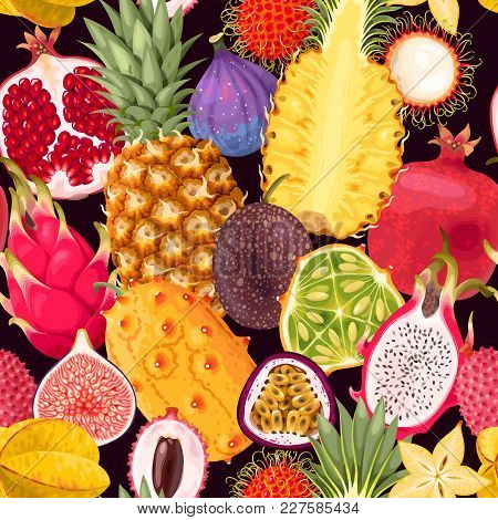 Seamless Vector Pattern With Tropical Fruit On Dark Background