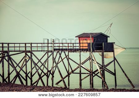 French Carrelet On West Coast Of France; Ile De Re. Vintage Effect.