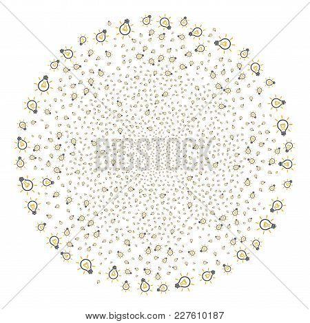 Light Bulb Explosion Globula. Object Pattern Combined From Random Light Bulb Design Elements As Fire