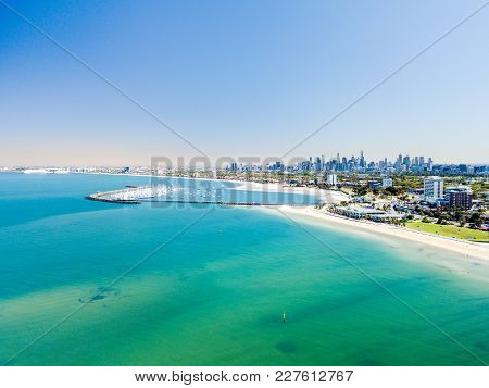 St Kilda Beach Aerial With Melbourne City Skyline In The Background